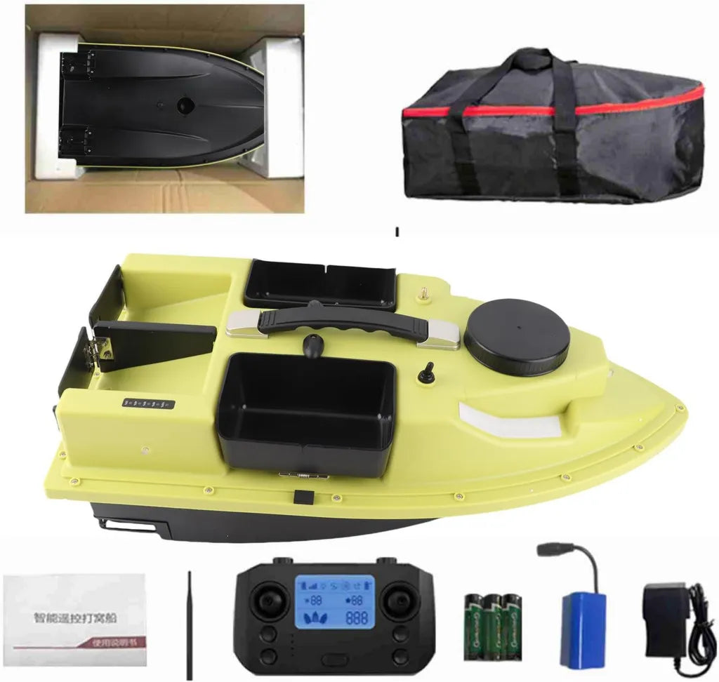 Barca da Pesca RC con GPS e Telecomando, Batteria 5200 mAh, Portata 600 m, Inclusi 4 Contenitori per Esche da 2 kg
