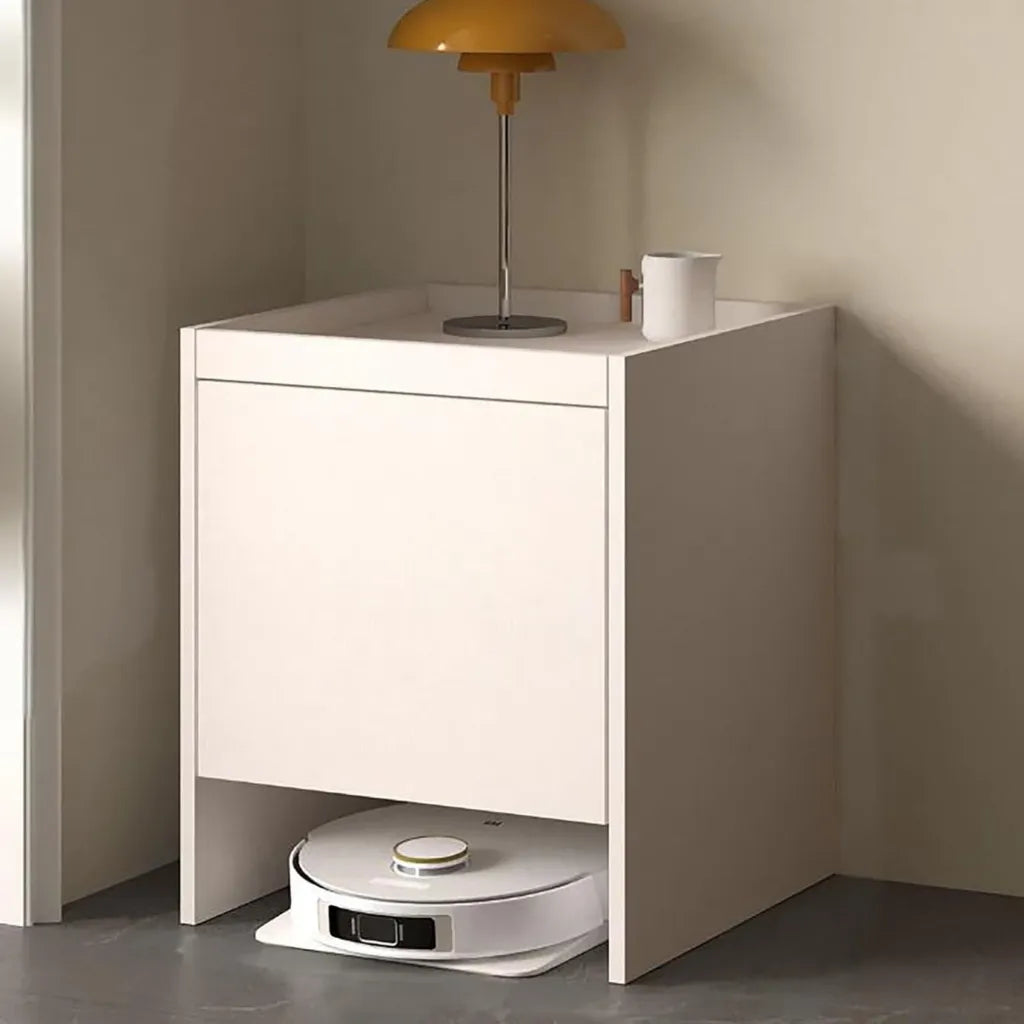 Tavolino Multifunzionale in Legno con Spazio per Robot Aspirapolvere e Ripiani, Bianco, Altezza 65 cm