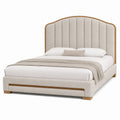 Letto matrimoniale imbottito in tessuto beige con struttura in legno