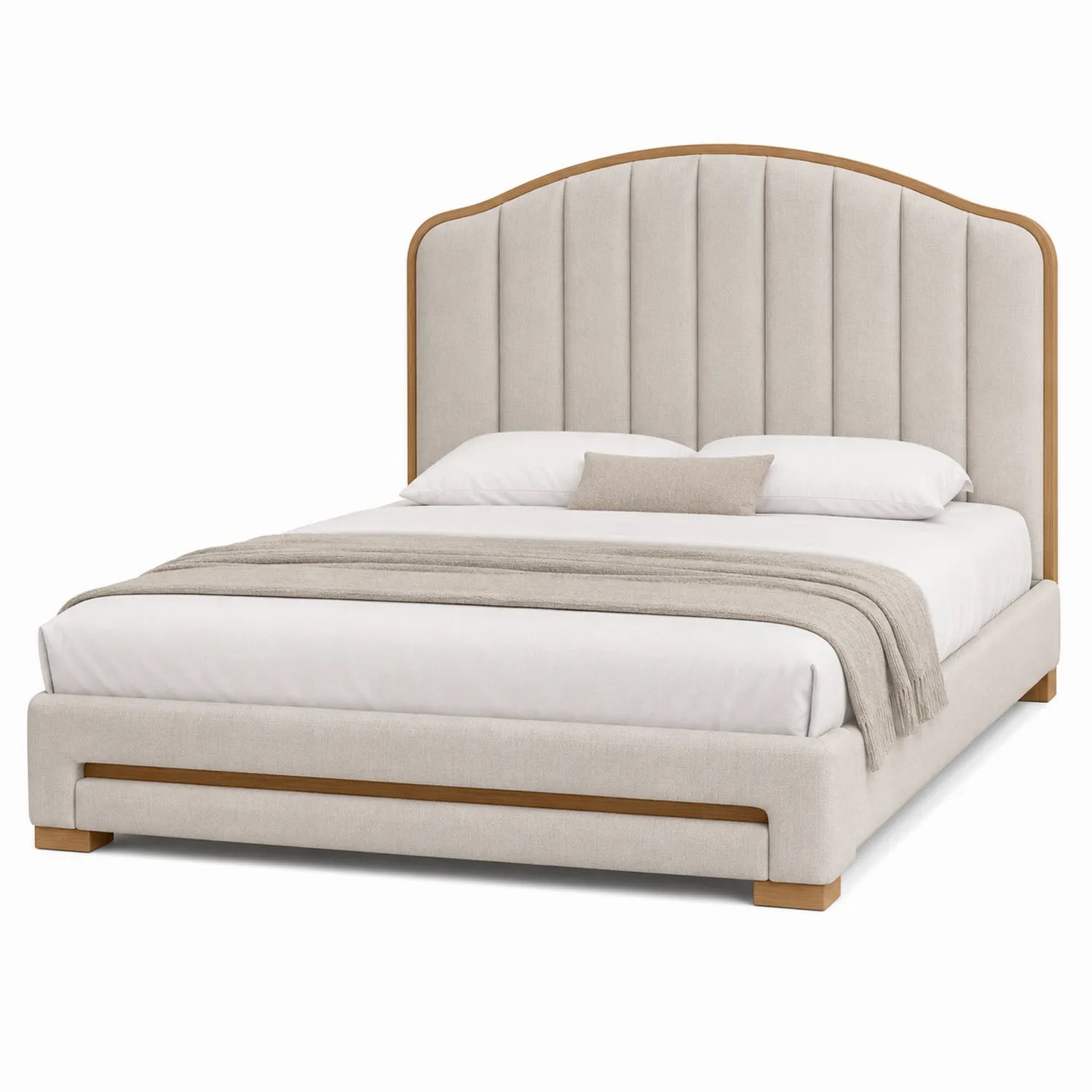 Letto matrimoniale imbottito in tessuto beige con struttura in legno