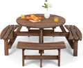 Set da Giardino in Legno Massiccio con Ombrellone, Tavolo Rotondo e 4 Panche, Capacità 4-8 Persone