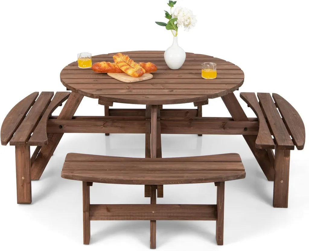 Set da Giardino in Legno Massiccio con Ombrellone, Tavolo Rotondo e 4 Panche, Capacità 4-8 Persone
