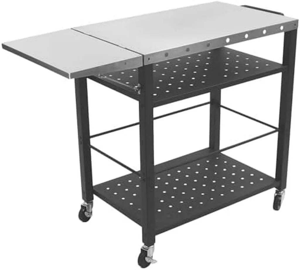 Carrello BBQ portatile con tavolo pieghevole e forno per pizza, ampio piano di lavoro con 4 ruote silenziose