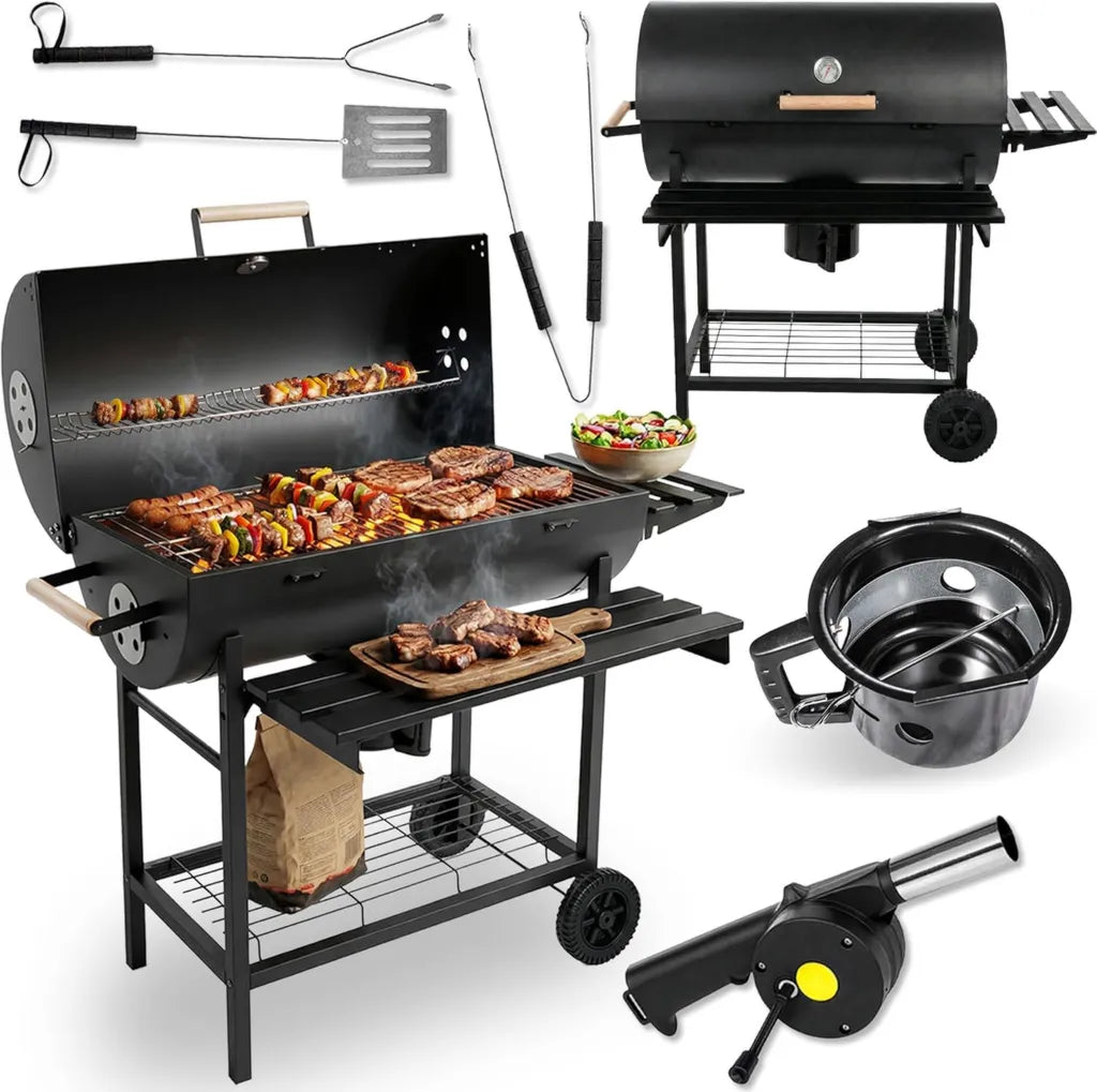 Barbecue a Carbonella con Coperchio e Termometro, Griglia Cromata 71x35 cm per Giardino e Terrazza
