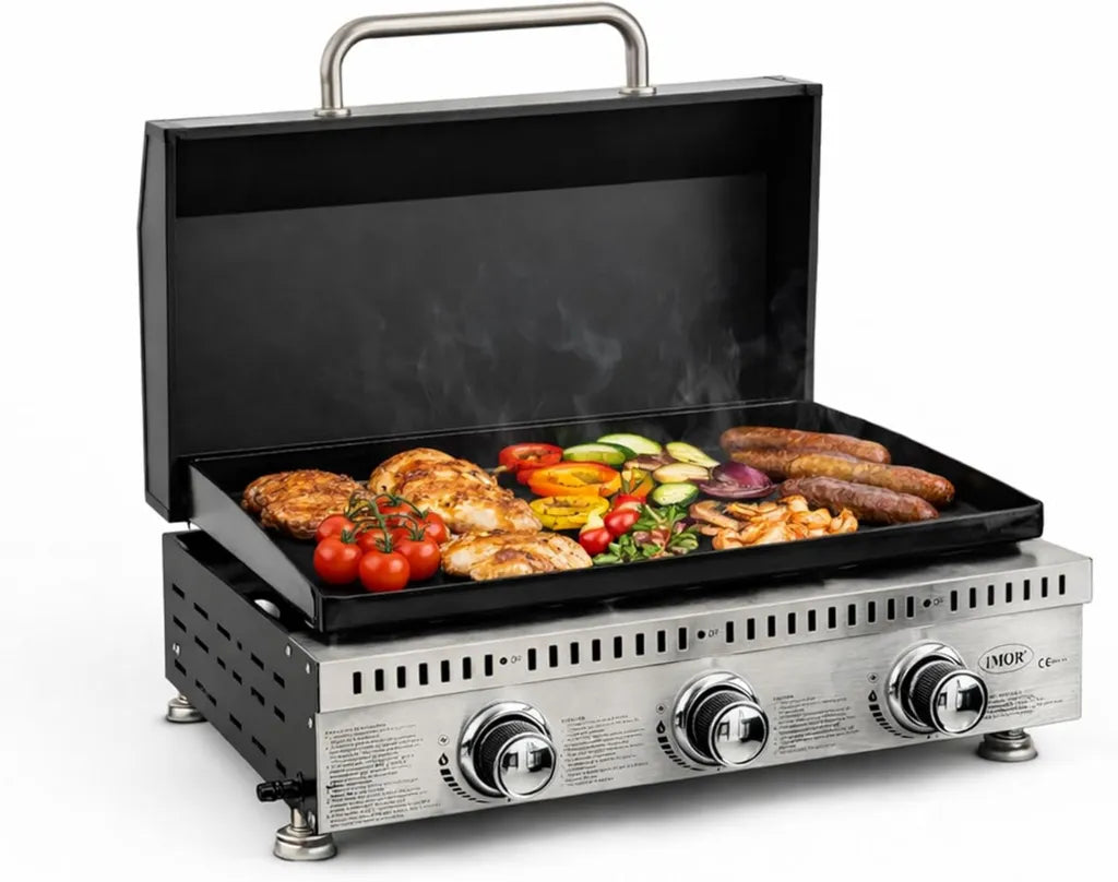 Griglia a Gas Portatile 3 Fuochi 9KW in Acciaio Inox con Coperchio
