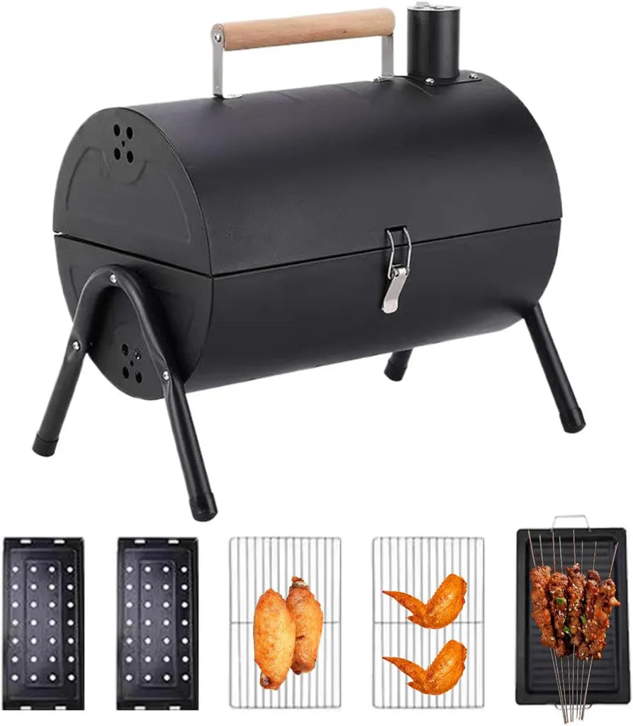 Barbecue Portatile a Botte con Affumicatore e Maniglia per Esterno