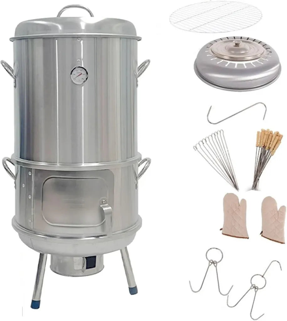 Forno Affumicatore Verticale in Acciaio Inox con Termometro e Riscaldamento a 360°, Perfetto per Carni e Pollame