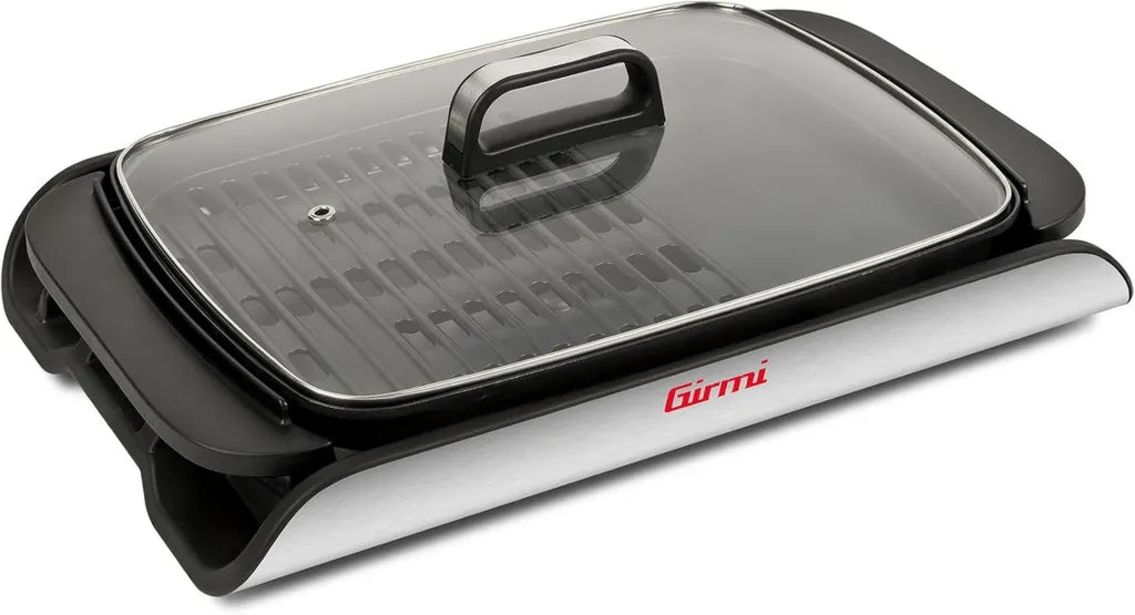 Griglia Elettrica Girmi BQ91, 2000W, Superficie XL Antiscivolo, Doppio Uso, Fumo Ridotto, Coperchio di Vetro, Temperatura Regolabile, Vassoio Grasso, Colore Grigio