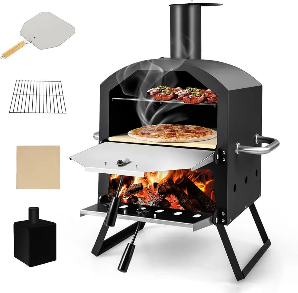 Forno a legna portatile per pizza con pietra refrattaria e accessori, ideale per giardino e campeggio