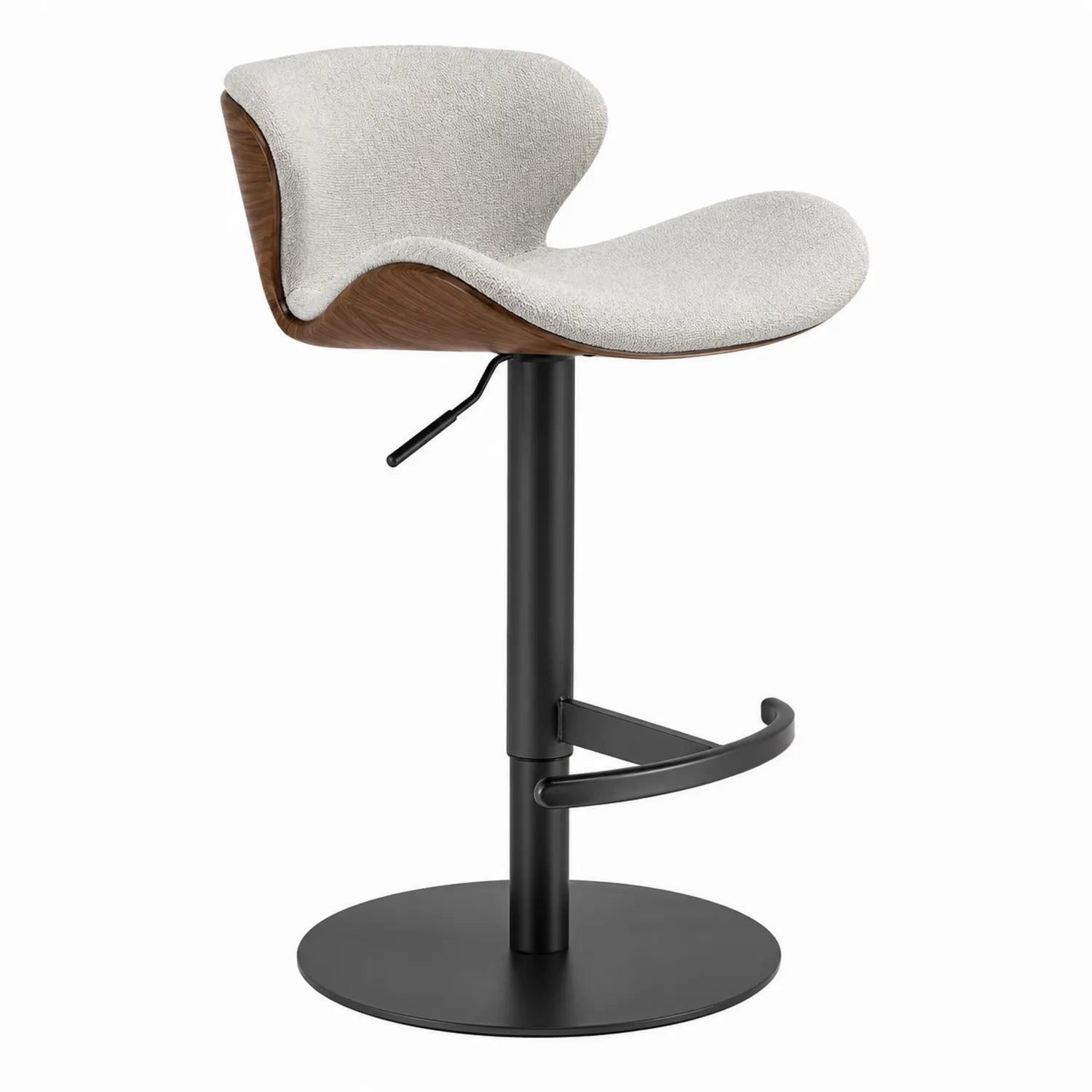 Sgabello da bar in tessuto grigio e legno noce con base in metallo nero
