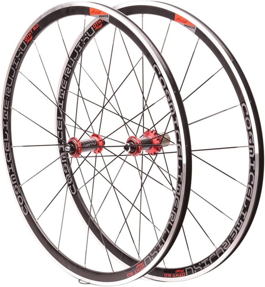 Ruote da Corsa 700c in Fibra di Carbonio con Freno a Cerchione, Mozzo Rosso, Compatibili 8-11 Velocità