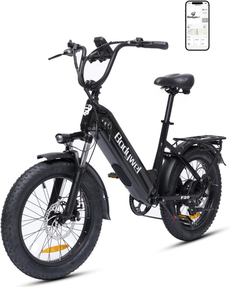 Bicicletta Elettrica Bodywel F20, Batteria 48V 15Ah, Motore 250W, Velocità Massima 25 km/h, Fatbike 20'', 7 Marce, Freni a Disco, Display Intelligente, Portapacchi Inclusi
