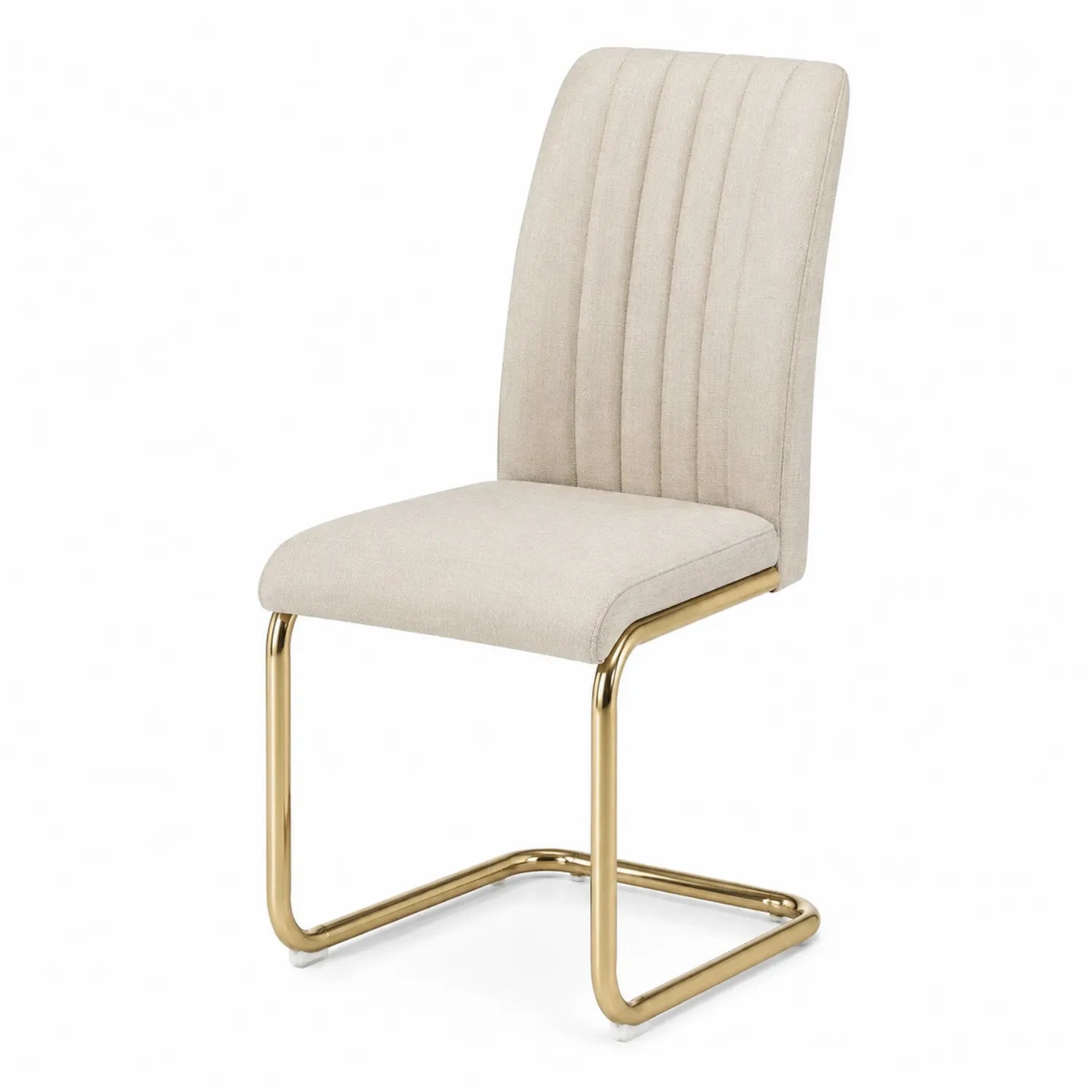 Sedia in tessuto beige con struttura in metallo dorato, altezza 95 cm