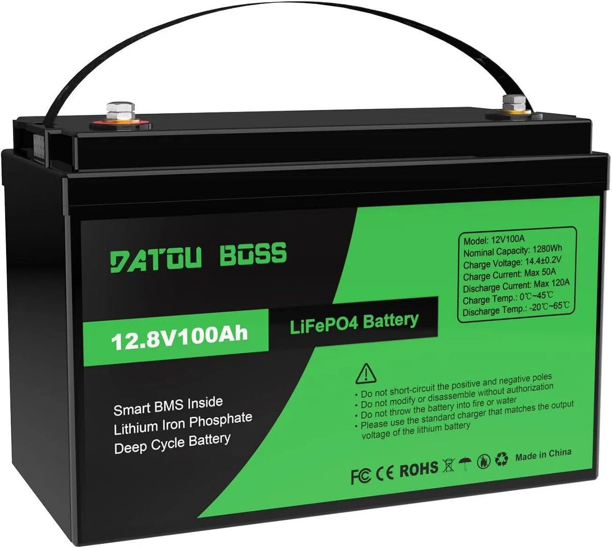 DATOUBOSS LiFePO4 Batteria al litio LiFePO4 e batteria solare a ciclo profondo, 100Ah, alimentazione solare, con BMS, 12v, per campeggio e camper