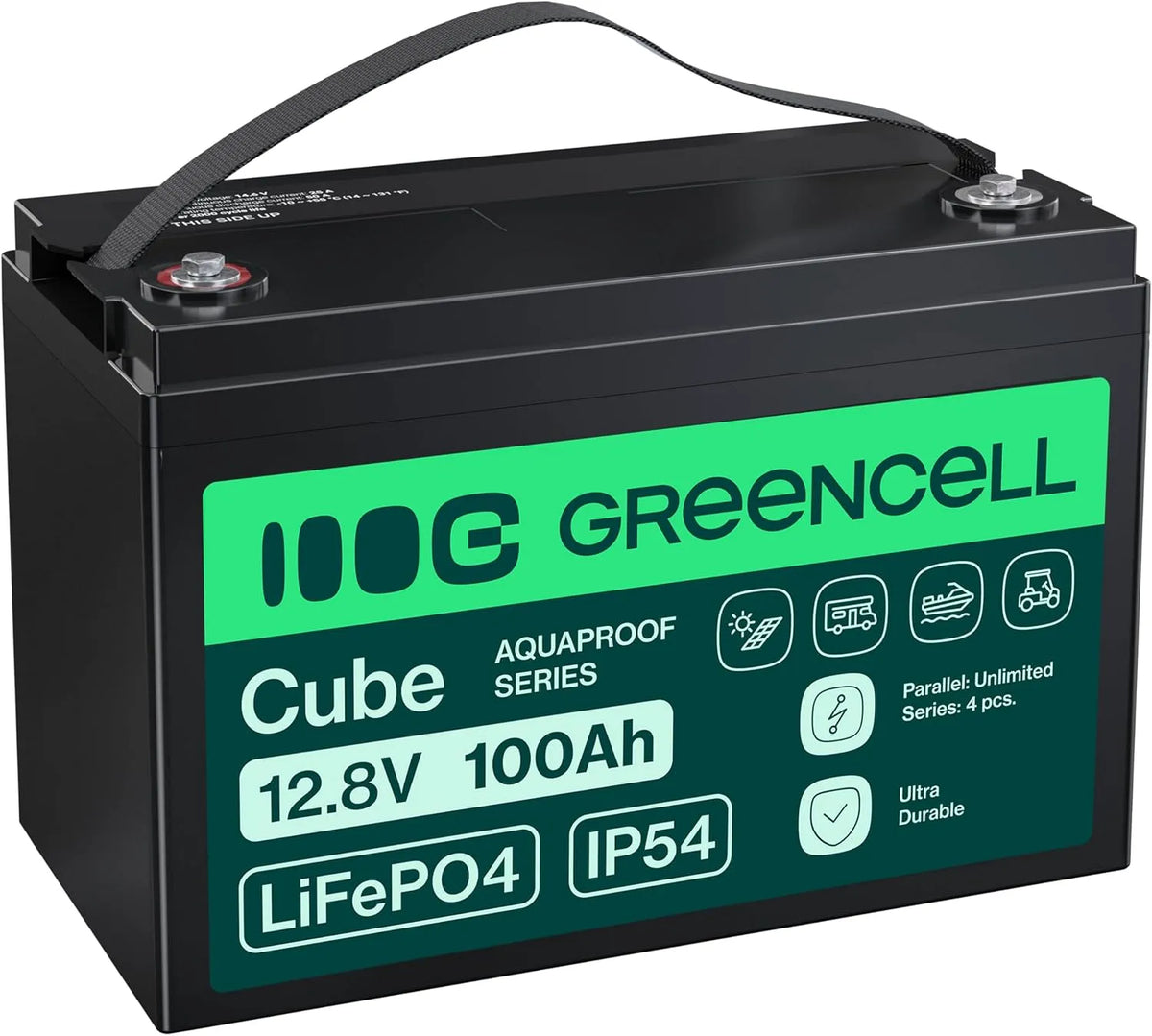 Cube LiFePO4 Batteria al litio LiFePO4 e batteria solare a ciclo profondo, 100 Ah, alimentazione solare, con BMS, 1280 Wh, 12,8 V