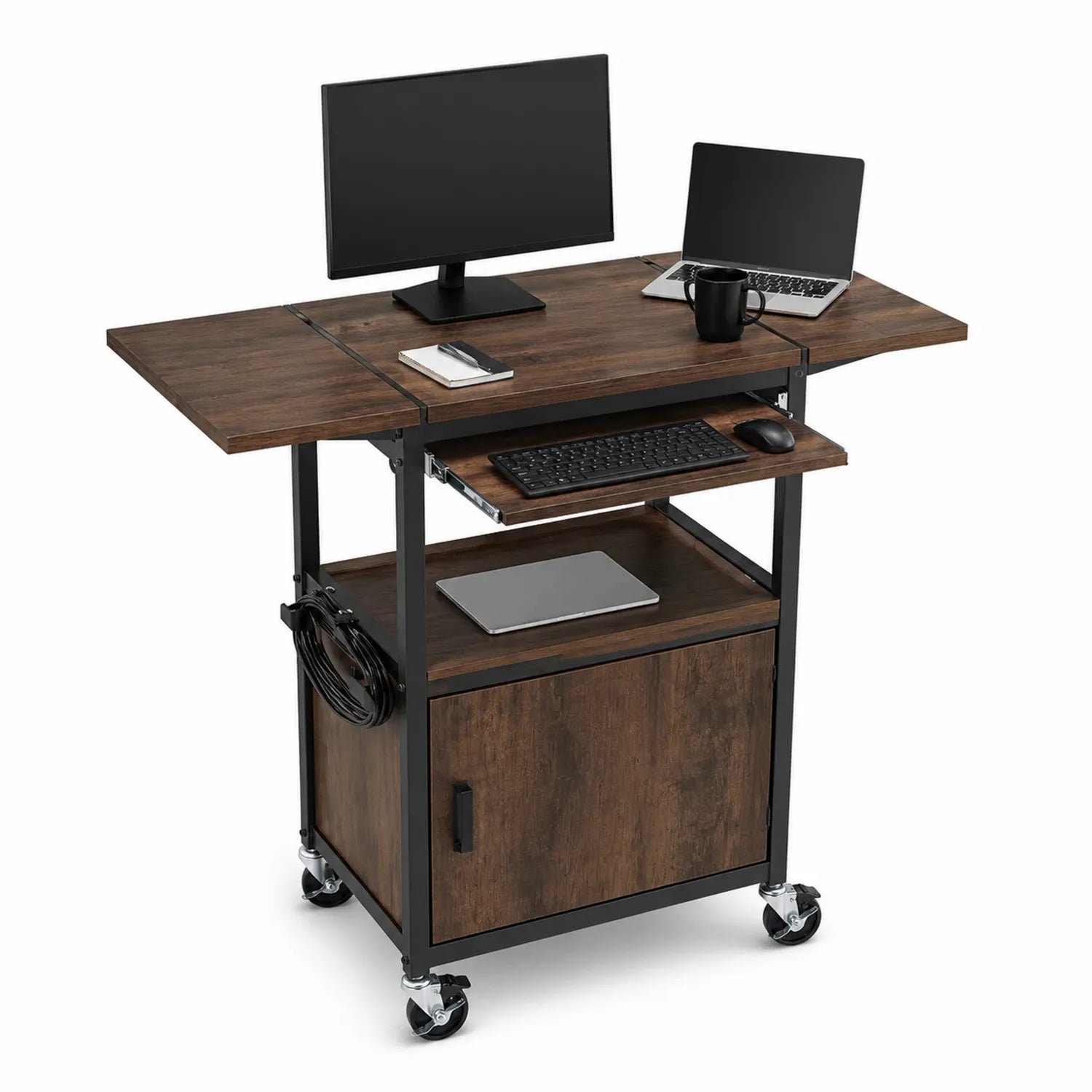 Carrello porta computer in legno e metallo con ruote
