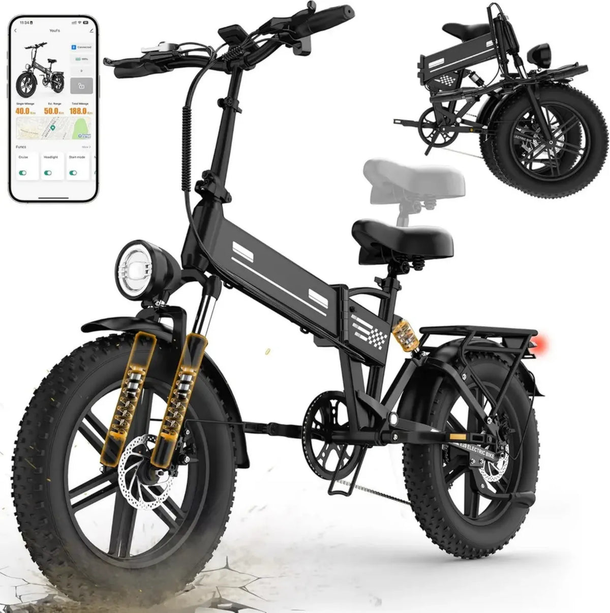 Bici Elettrica Fat Tire 20' con Sospensione Doppia e 7 Velocità, Batteria Rimovibile 48V per Adulti