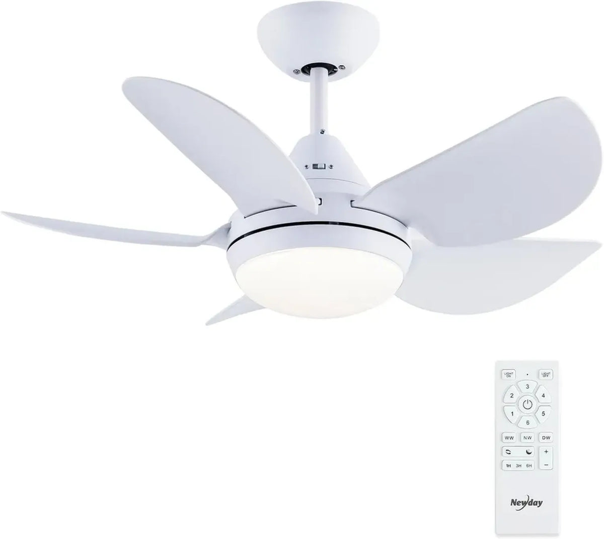 Ventilatore da Soffitto con Lampada LED e Telecomando, 76cm, 5 Pale Bianche, Motore DC Silenzioso, 7 Velocità, Timer