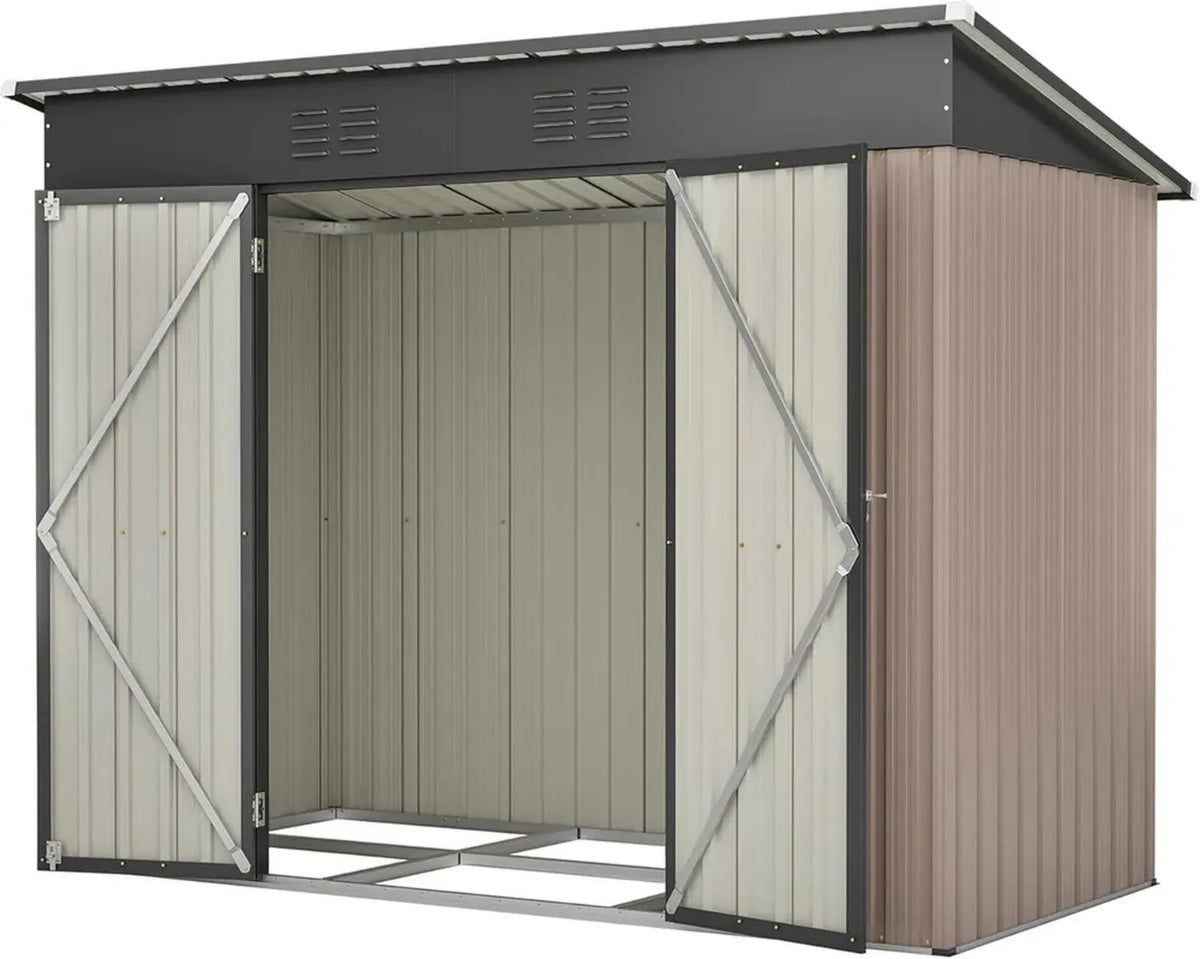 Capanno da giardino in metallo marrone, 229 x 111 x 182 cm, struttura con base integrata