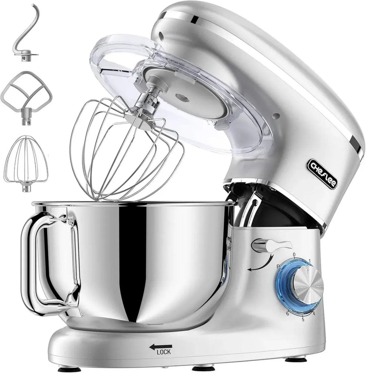 Robot da Cucina CHeflee, 2000W Impastatrice Planetaria, 6.2L in Acciaio Inox, 6 Velocità, Frusta e Gancio Impastatore