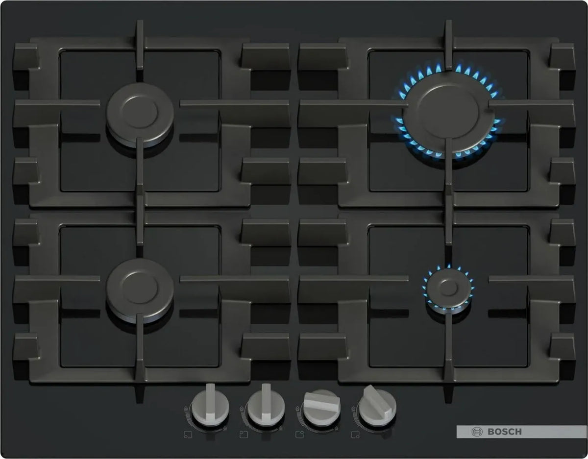 Bosch Serie 4 Piano Cottura a Gas 60 cm, Vetro Nero, Griglie in Ghisa Lavabili