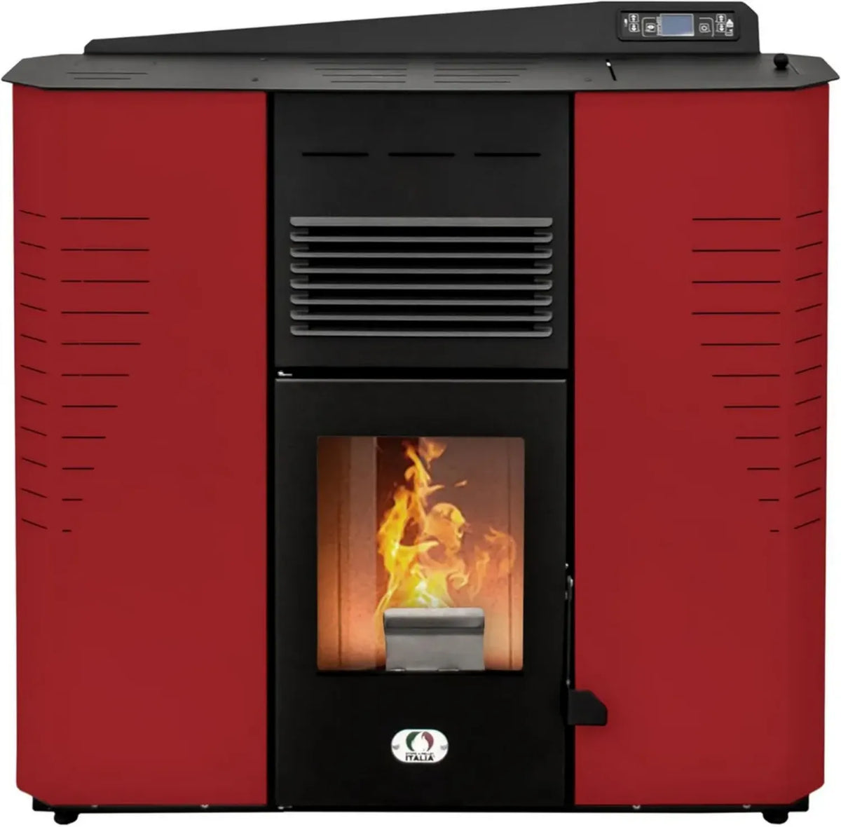 Stufa a Pellet Canalizzata Marmolada 14KW con WiFi, Efficienza 92%, Copertura 130m², Autonomia 19 Ore, Programmabile, Design Compatto, Rosso