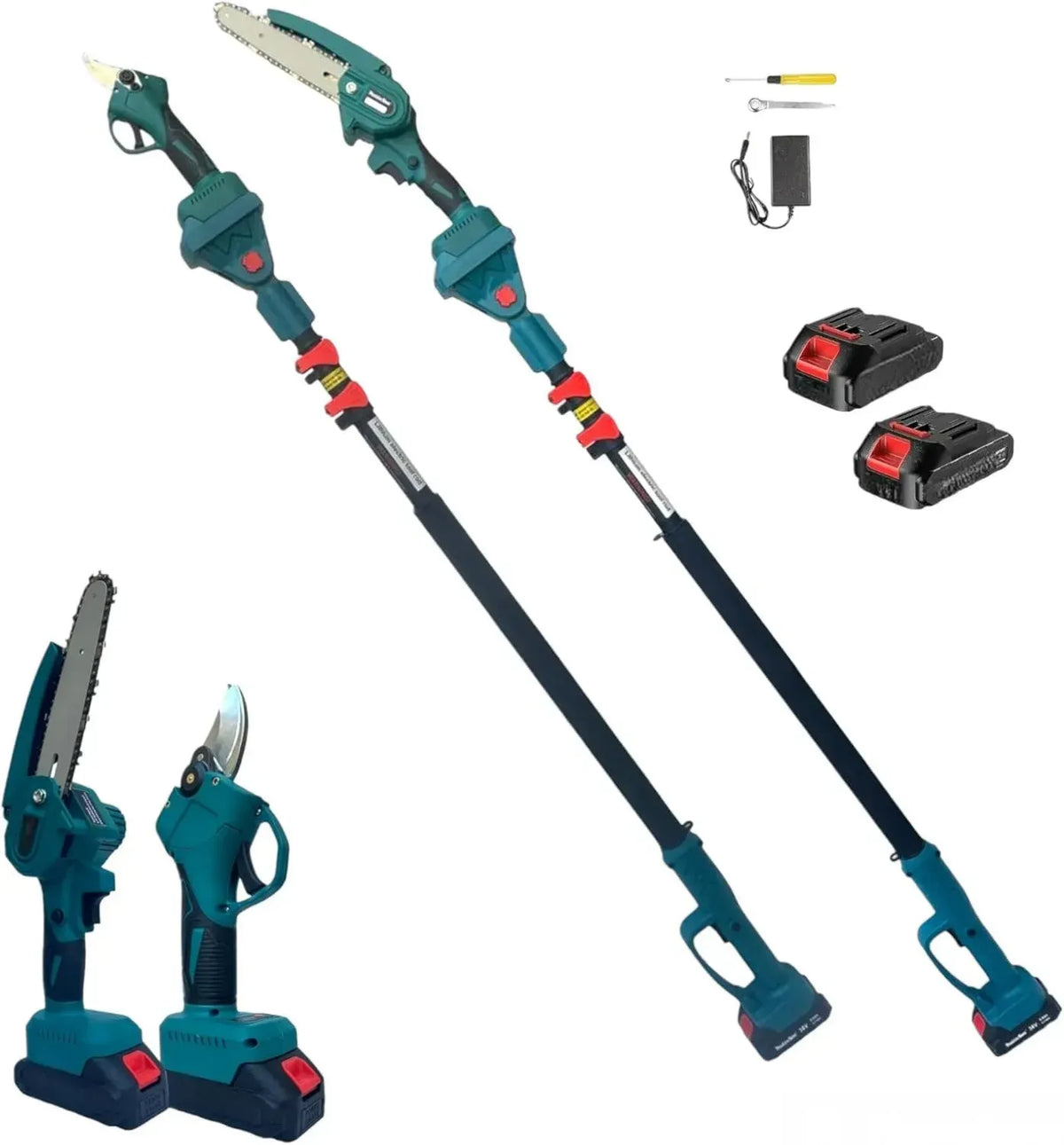 Set Potatura 3 in 1: Mini Motosega e Forbici a Batteria con Asta Telescopica e Doppia Batteria 36V