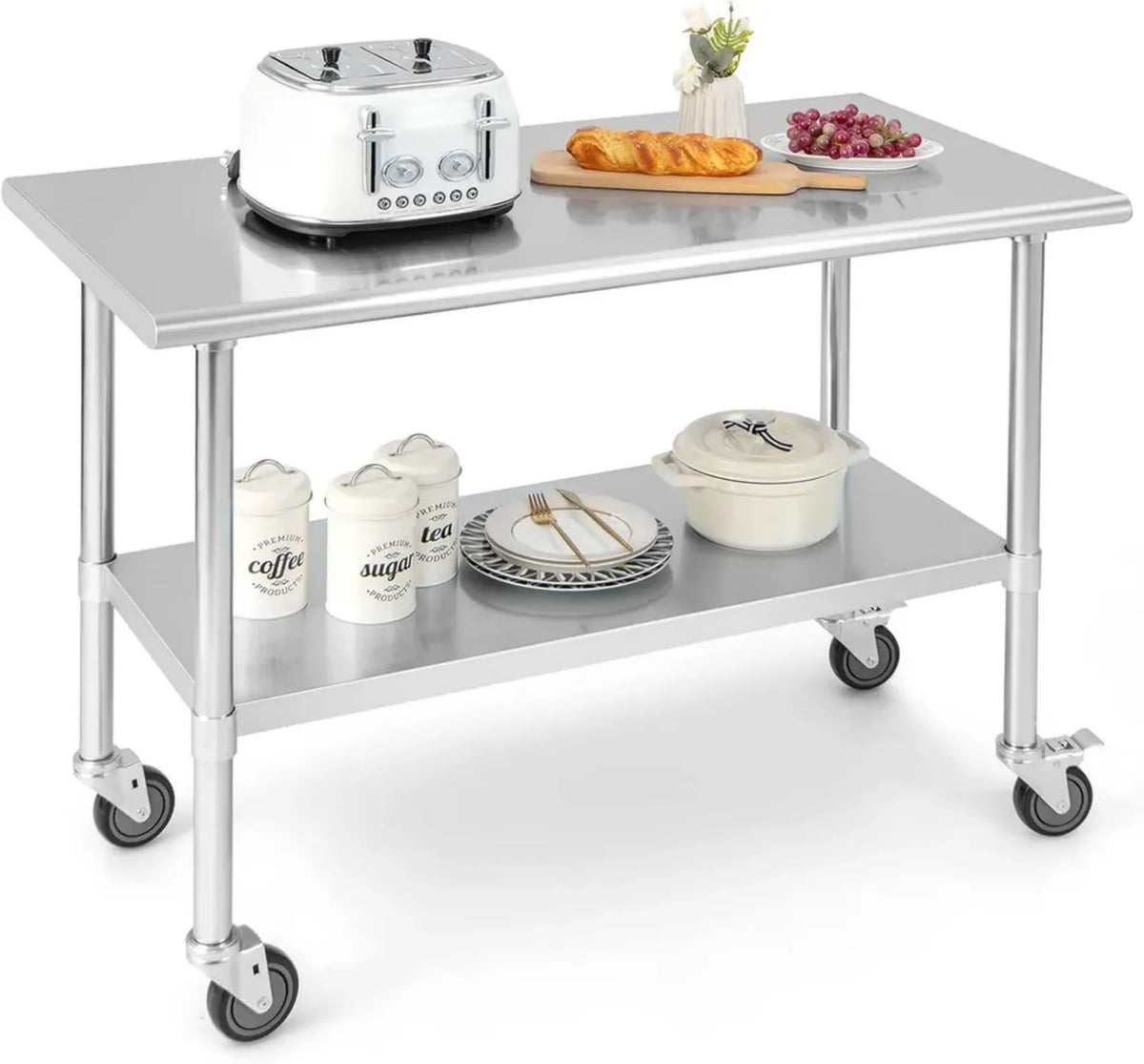 Tavolo da lavoro in acciaio inox con ruote, altezza regolabile, 250 kg, per cucina e ristorante