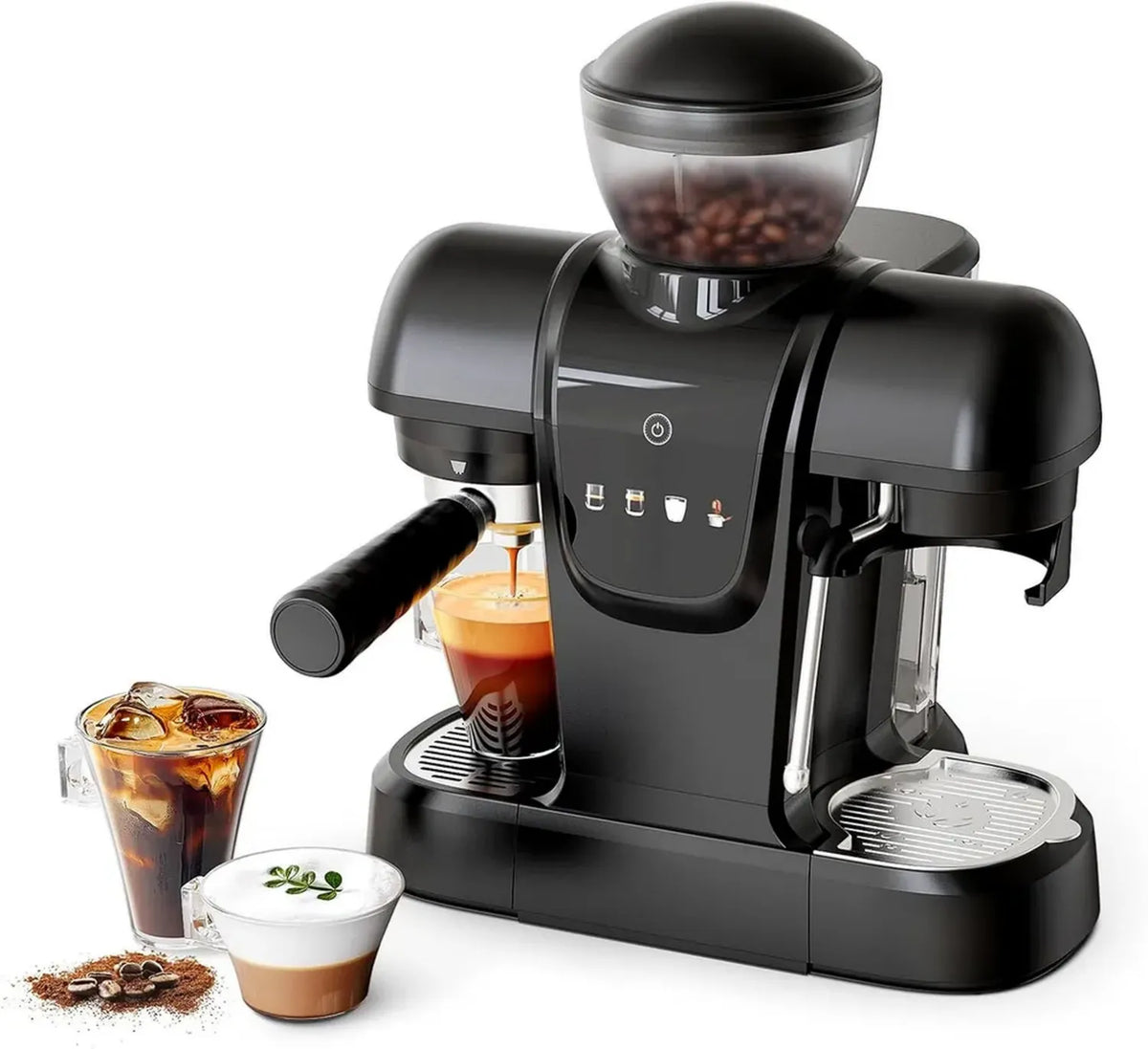 Macchina per caffè espresso 19 bar, 2 in 1 con macinacaffè e montalatte, schermo touch e serbatoio rimovibile