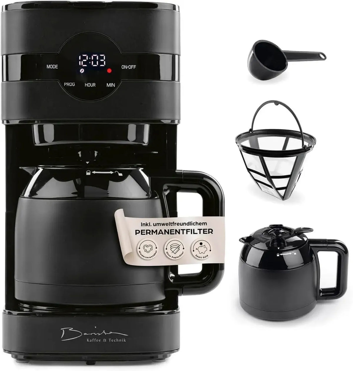 Macchina da Caffè Barista con Caraffa Termica, Timer 24 Ore, Filtro Permanente, 8 Tazze, Colore Nero