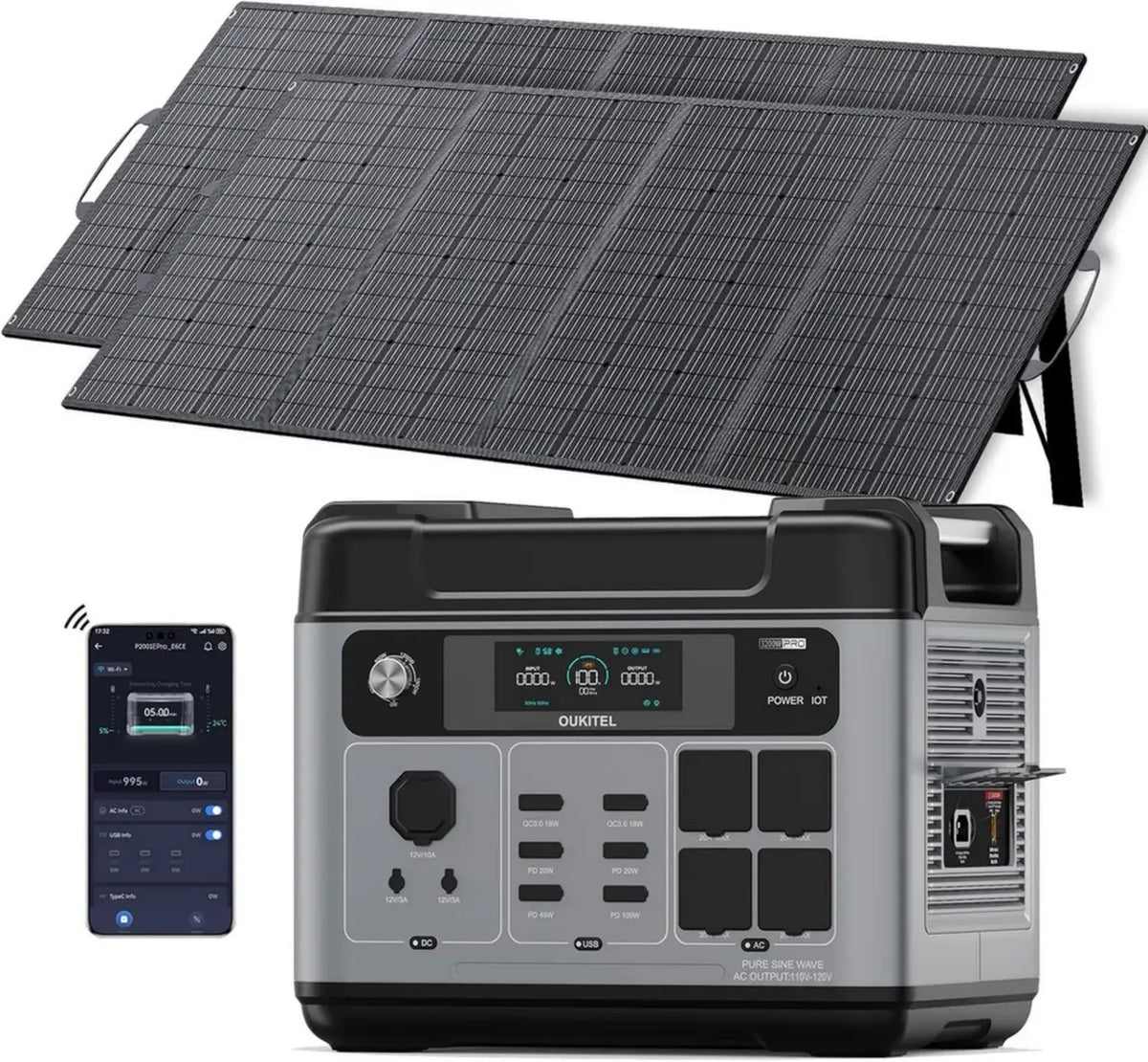 OUKITEL Generatore Solare 3200W P2001E Pro con 2 Pannelli da 200W, Power Station Portatile 2048Wh, Batteria LiFePO4 Ricarica Rapida, 16 Porte, Controllo APP per Campeggio e Emergenze