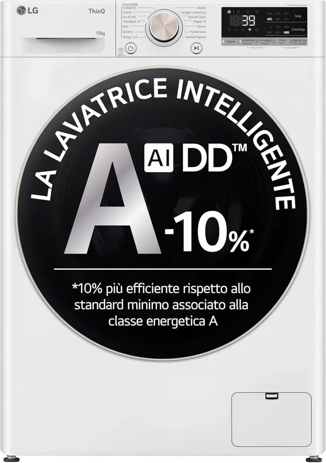 Lavatrice LG AI DD 10 kg, Classe A, 1400 RPM, TurboWash 360 e Vapore, Wi-Fi, Bianco