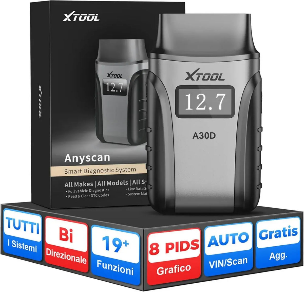 XTOOL A30D Strumento Diagnostico OBD2 Wireless con 19+ Restituzioni, Controllo Bidirezionale, Test Attivi, Lettura Codici per Tutti i Sistemi, Compatibile con Android e iOS