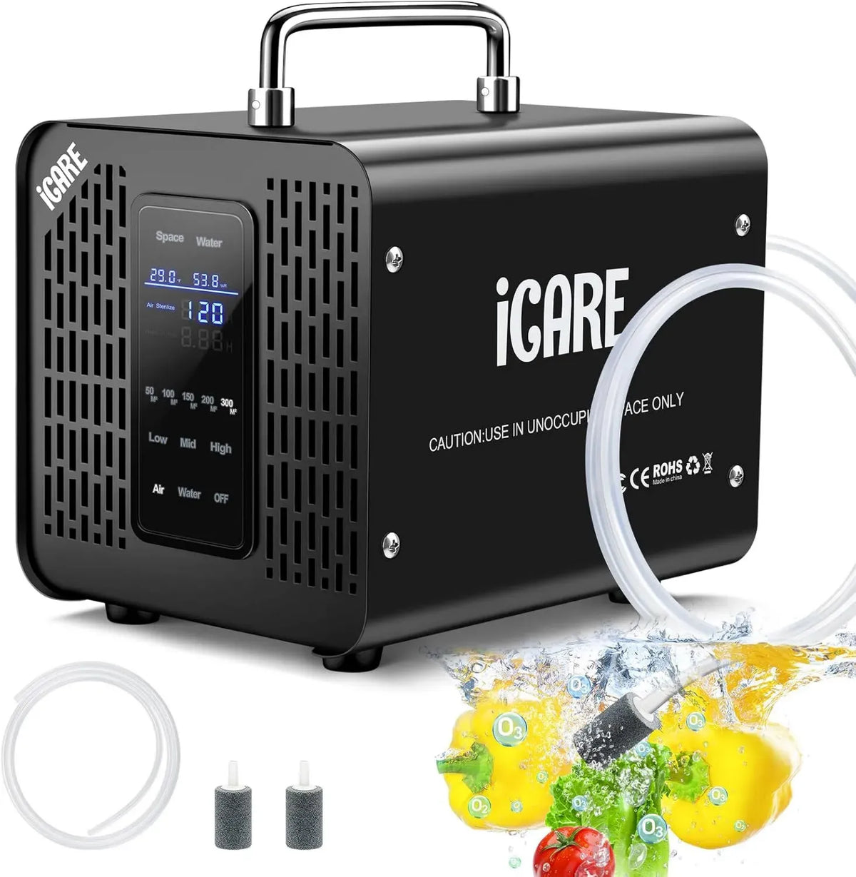 Purificatore d'Aria e Acqua con Ozono 60000mg/h, Ozonizzatore Professionale per Auto, Casa e Ufficio, Neutralizza Odori di Fumo e Animali, Adatto per Ambienti Fino a 300㎡