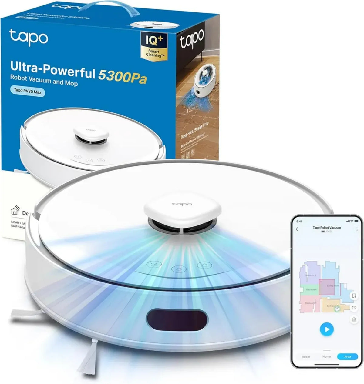 Robot Aspirapolvere Tapo RV30 Max con Mappatura Avanzata, 5300Pa, Navigazione Intelligente, Barriere Virtuali, Compatibile con App e Assistenti Vocali