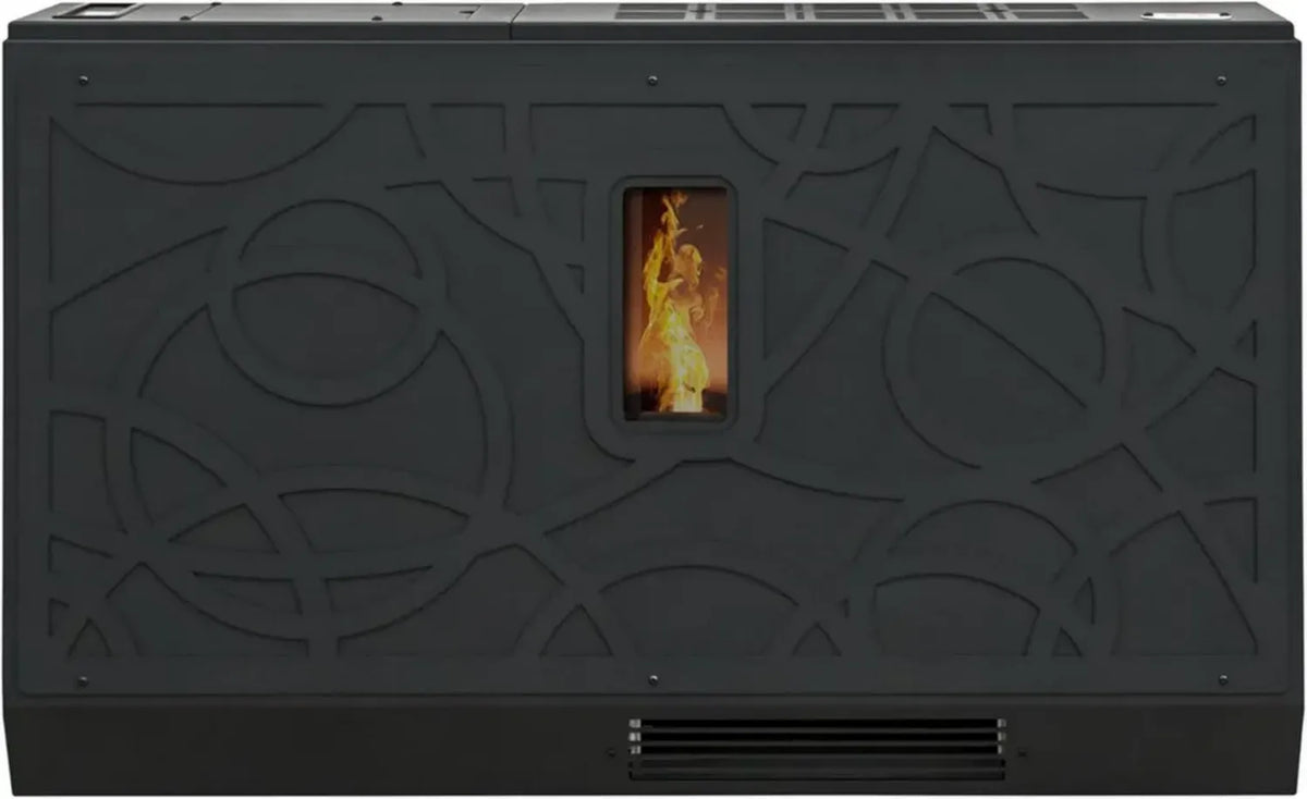 Stufa a Pellet 7 kW Super Slim, Design Moderno, Autonomia 18 Ore, Programmazione 5 Livelli, Efficienza 91%, Nero