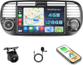 Autoradio Android 15 per Fiat 500 con Carplay e Android Auto, 7'' Schermo Tattile, Funzioni BT/GPS/WiFi/FM/RDS, Include Retrocamera e Microfono