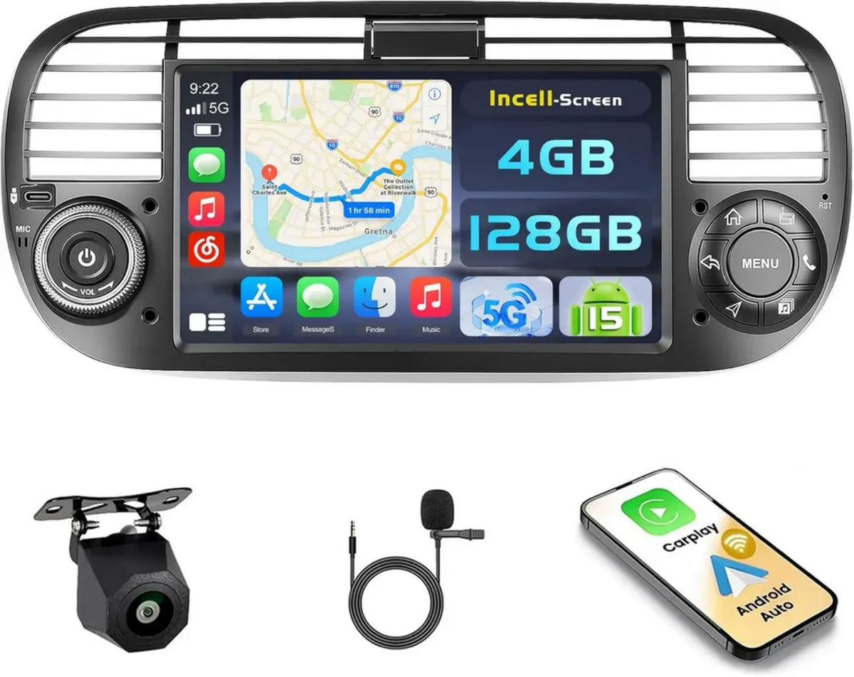 Autoradio Android 15 per Fiat 500 con Carplay e Android Auto, 7'' Schermo Tattile, Funzioni BT/GPS/WiFi/FM/RDS, Include Retrocamera e Microfono