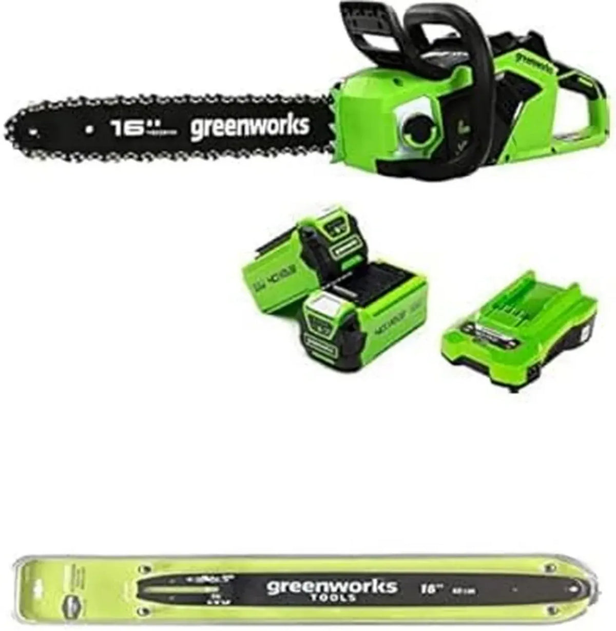 Motosega a Batteria Greenworks 40cm, Motore Brushless, 2 Batterie 40V 2Ah e Caricabatterie + Lama di Ricambio