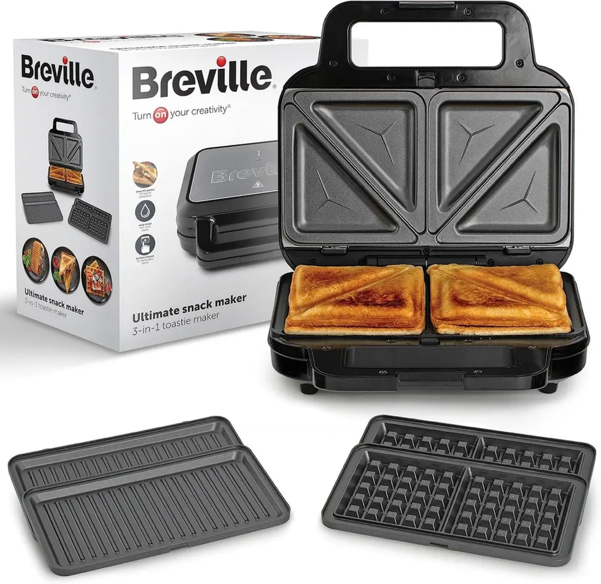 Breville Macchina per Spuntini 3 in 1: Tostapane, Waffle e Panini, Piastre Antiaderenti Rimovibili, Nero e Acciaio Inossidabile