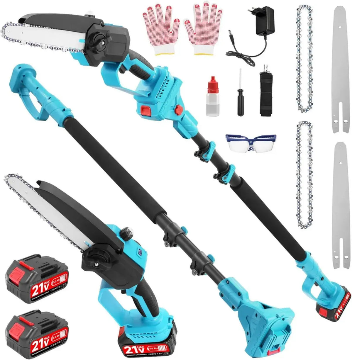 Motosega telescopica da 8 pollici 3000W con doppia batteria, altezza estendibile fino a 2,1m, ideale per potatura professionale