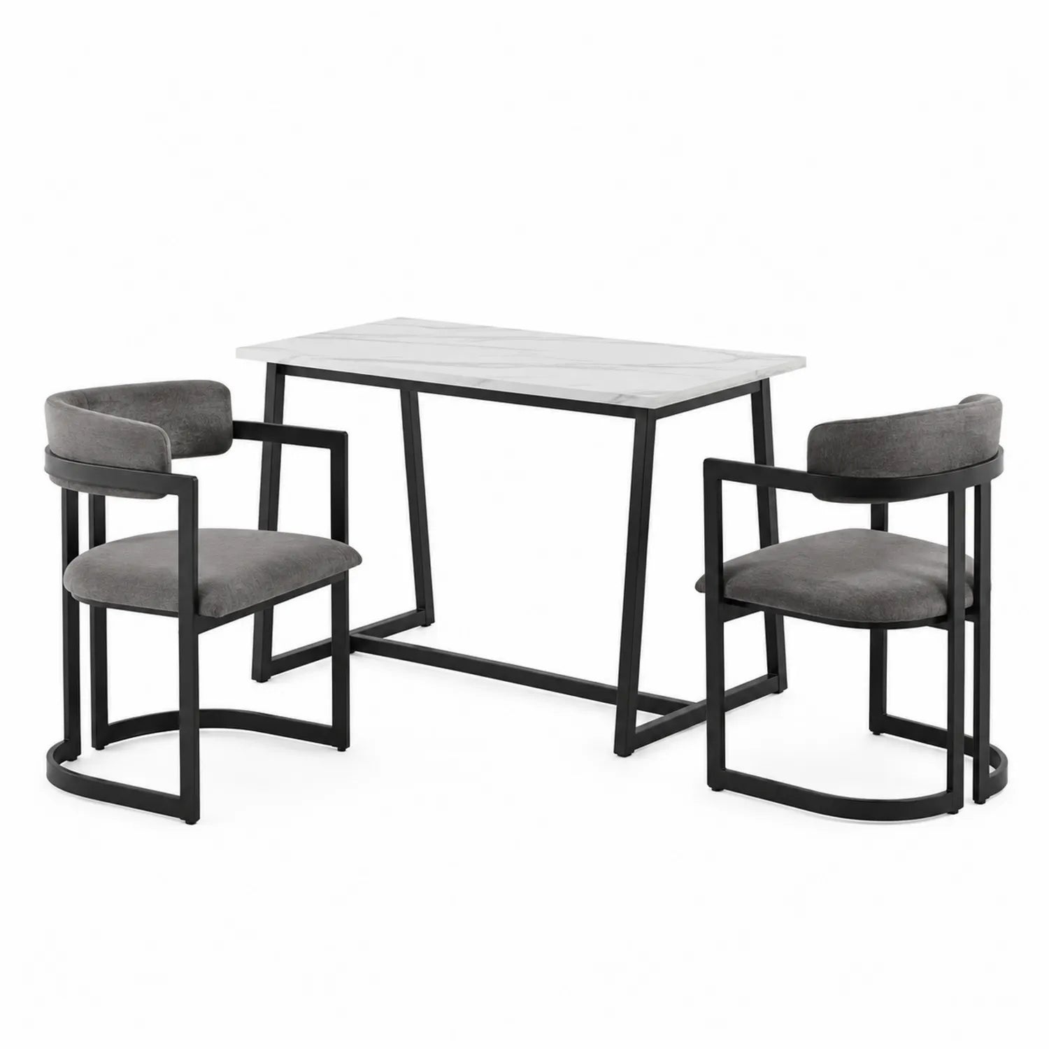 Set da pranzo con tavolo in marmo e sedie in velluto e metallo nero
