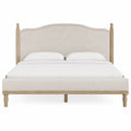 Letto matrimoniale in tessuto beige con struttura in legno