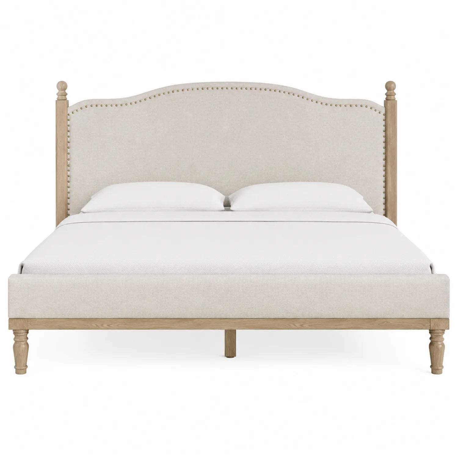 Letto matrimoniale in tessuto beige con struttura in legno