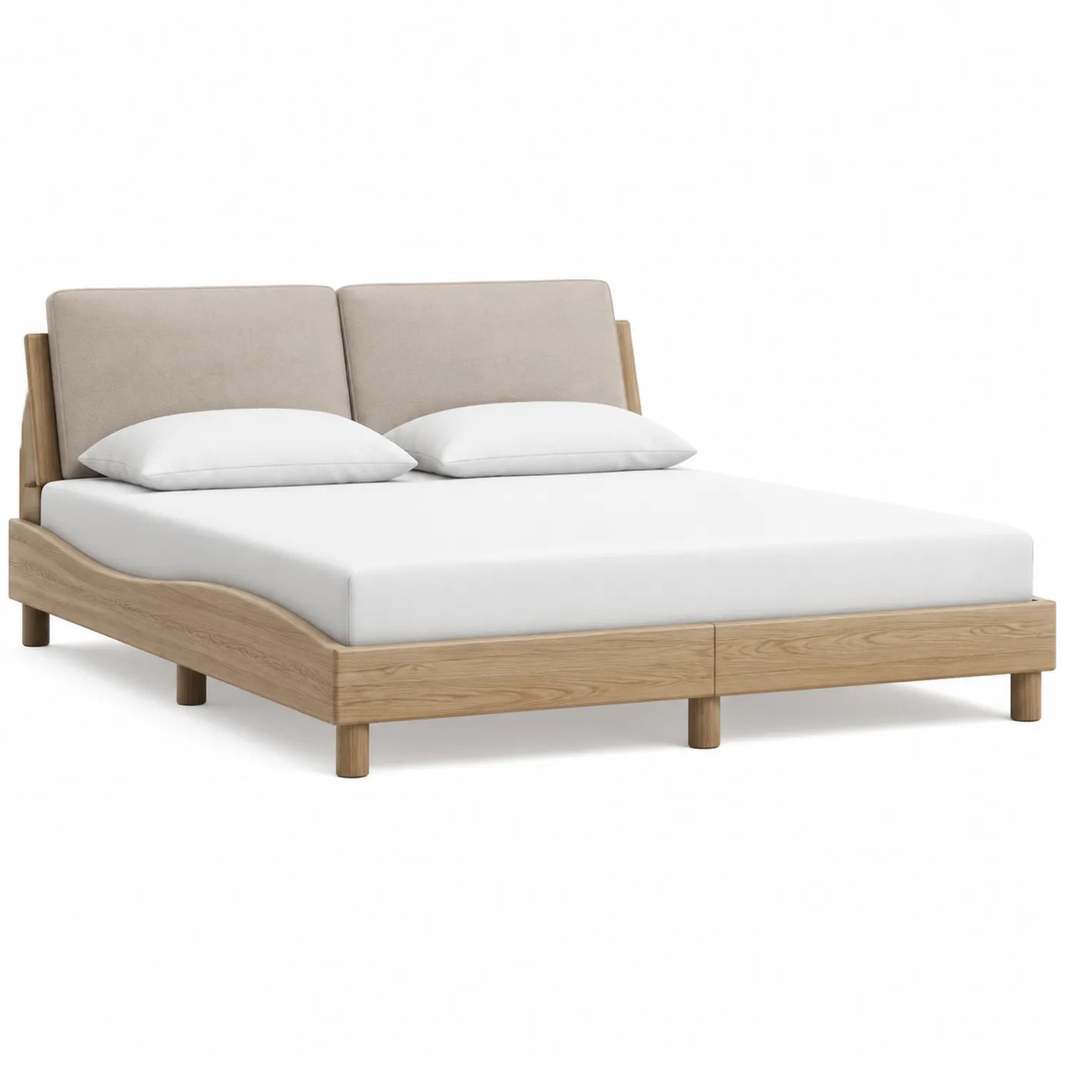 Letto matrimoniale in legno con testiera in tessuto beige 200x160 cm