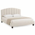 Letto matrimoniale in tessuto poliestere beige con testiera ondulata