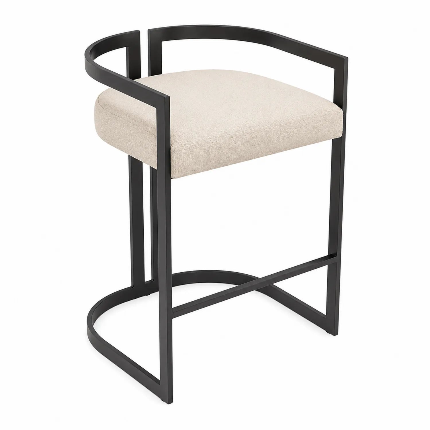 Sgabello da bar in metallo nero con seduta in lino beige