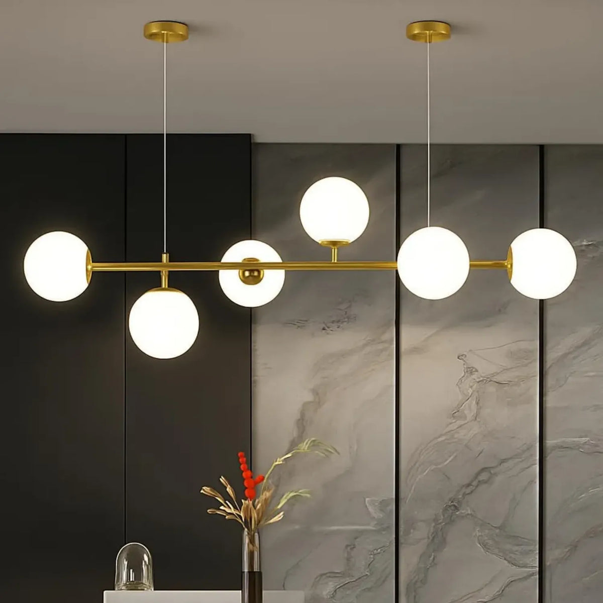 Lampadario a Sospensione LED con Sfere in Vetro, Design Moderno in Bronzo