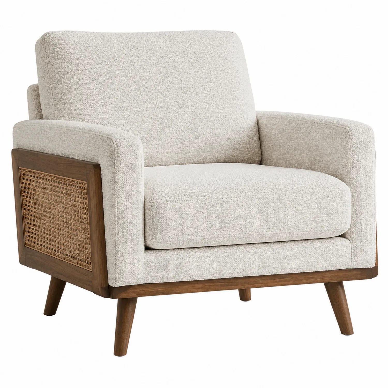 Poltrona in Tessuto Crema con Struttura in Legno e Rattan