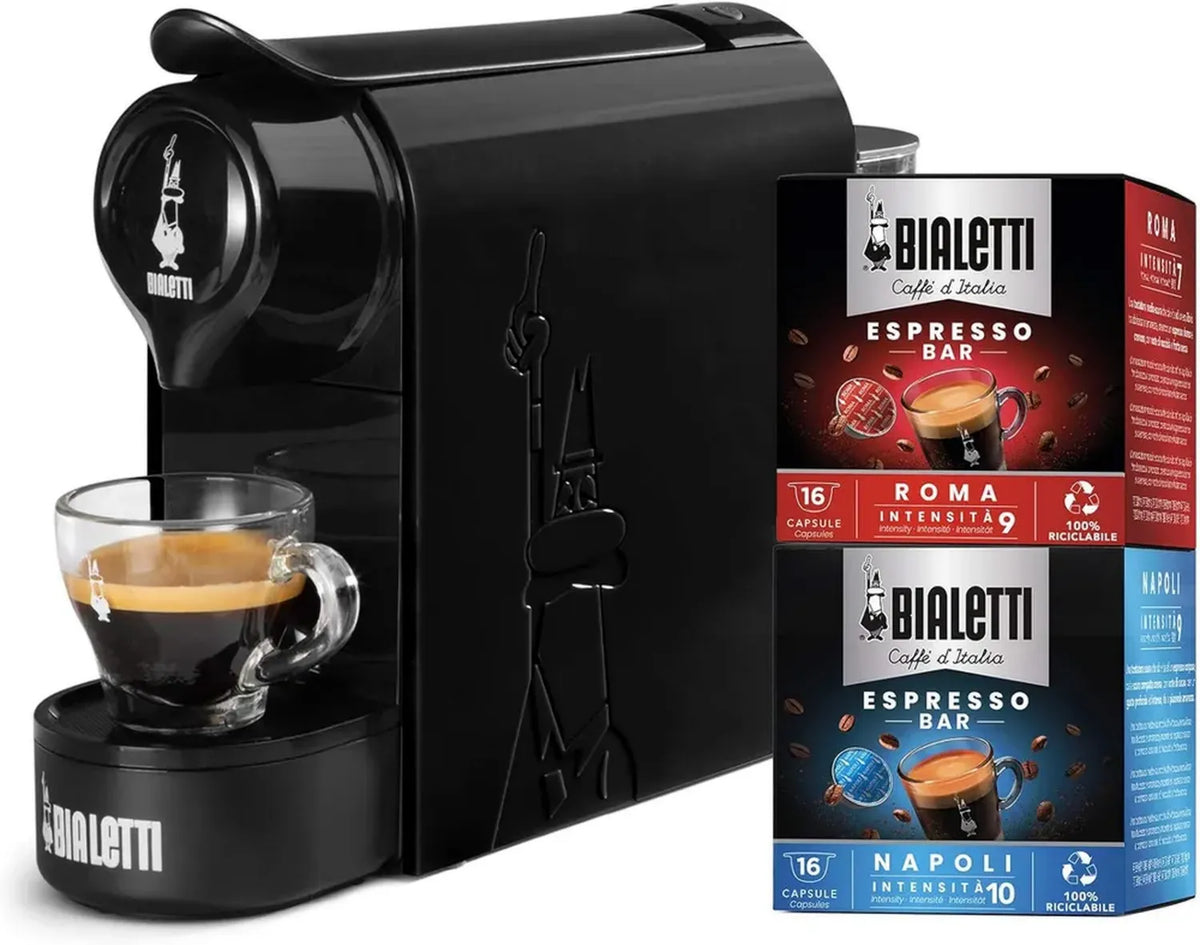 Bialetti Gioia Macchina per Caffè Espresso con 32 Capsule Incluse, Solo Compatibile con Capsule, Colore Nero